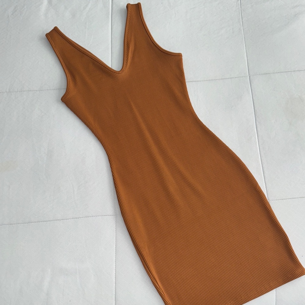 Wild Fable Asymmetrical Ribbed Dress in Brown